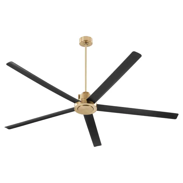 The Revel 80" ceiling fan combines impressive airflow with sophisticated style through its aged brass and matte black finish. Five slender 80" blades deliver powerful circulation for large outdoor spaces while maintaining visual elegance.