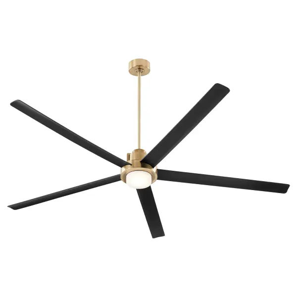 The Revel 80" ceiling fan combines impressive airflow with sophisticated style through its aged brass and matte black finish. Five slender 80" blades deliver powerful circulation for large outdoor spaces while maintaining visual elegance. - alternate view
