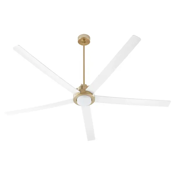 The Revel 80" fan combines impressive performance with sophisticated design. Five slender blades provide exceptional air circulation for large spaces, while the aged brass finish adds warmth and elegance to any setting. - alternate view
