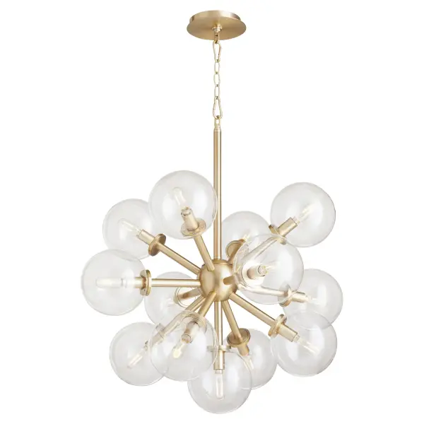 The ROVI pendant combines clear glass domes with aged brass frames to create a stunning focal point. With 13 lights, this fixture delivers both dramatic visual impact and superior illumination for large spaces.