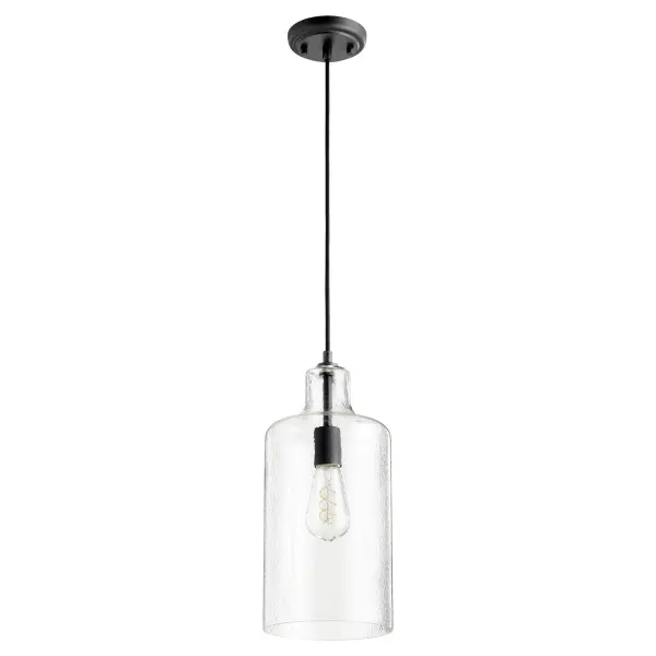 This transitional pendant features artful hammered glass that creates a luminous glow, paired with a sophisticated noir black finish. The 10-foot adjustable cord makes it adaptable to various ceiling heights and spaces.