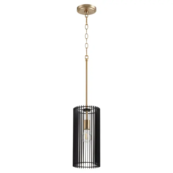 The Finura pendant combines geometric linear design with warm Aged Brass and contrasting Noir accents. Its open-air drum construction creates ambient lighting perfect for modern-industrial spaces, with adjustable hanging options.