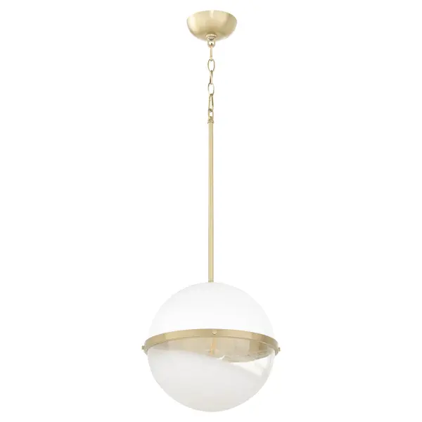 This 12-inch pendant combines nostalgic charm with modern industrial style through its distinctive two-tone milk glass sphere and aged brass hardware. The studio white cap and milky base create visual interest while providing soft, diffused light.