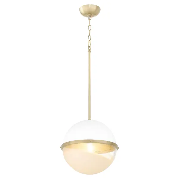 This 12-inch pendant combines nostalgic charm with modern industrial style through its distinctive two-tone milk glass sphere and aged brass hardware. The studio white cap and milky base create visual interest while providing soft, diffused light. - alternate view