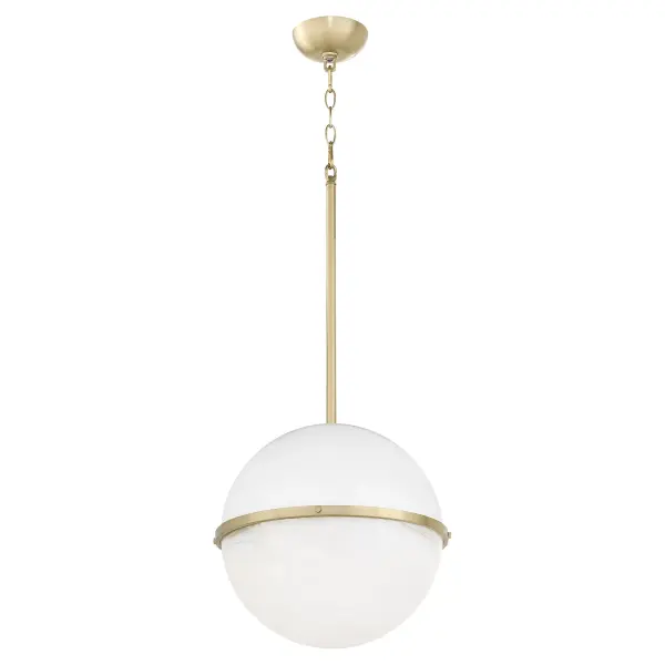 This 14-inch milk glass sphere pendant combines nostalgic design with contemporary style. The two-tone shade features a studio white cap and milky glass base divided by a vintage capture ring with decorative screws, all suspended from an aged brass chain.