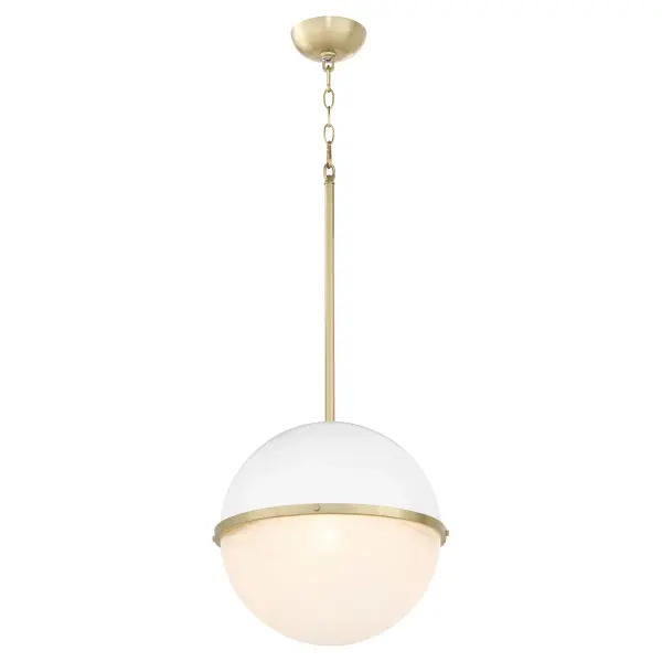 This 14-inch milk glass sphere pendant combines nostalgic design with contemporary style. The two-tone shade features a studio white cap and milky glass base divided by a vintage capture ring with decorative screws, all suspended from an aged brass chain. - alternate view