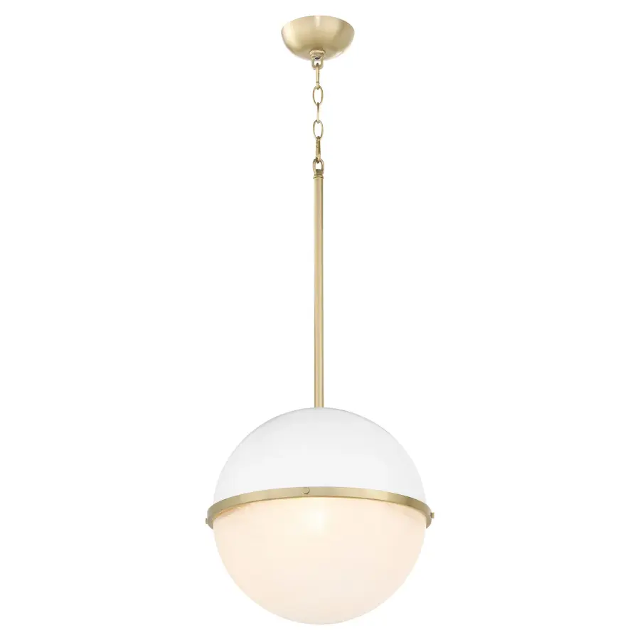 14" Milk Glass Sphere Pendant - Aged Brass - Image 2