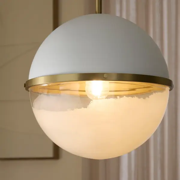 14" Milk Glass Sphere Pendant - Aged Brass - Image 6