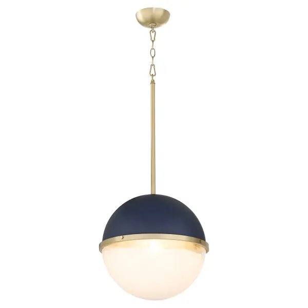 This 14-inch sphere pendant blends industrial charm with transitional elegance. The distinctive two-tone milk glass shade features a blue cap and decorative capture ring with vintage screws, suspended from an aged brass chain. - alternate view