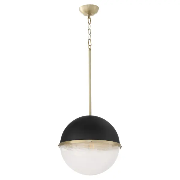 This 14-inch milk glass sphere pendant combines nostalgic design with contemporary industrial style. The two-tone spherical shade features a textured black cap and milky glass base, divided by a vintage capture ring with decorative screws.
