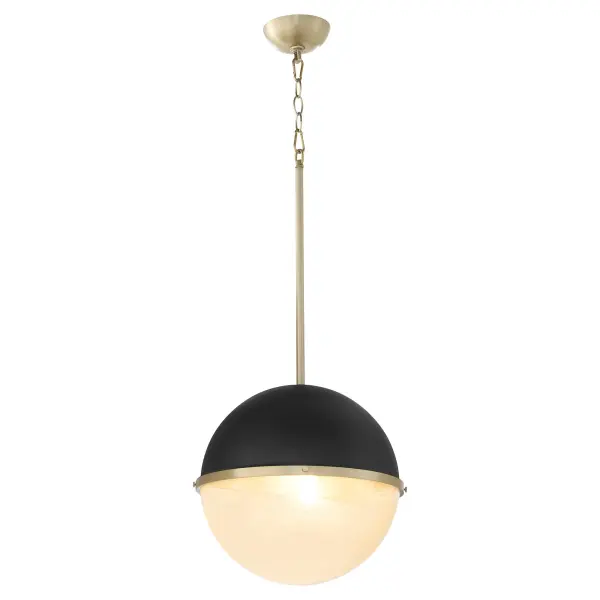 This 14-inch milk glass sphere pendant combines nostalgic design with contemporary industrial style. The two-tone spherical shade features a textured black cap and milky glass base, divided by a vintage capture ring with decorative screws. - alternate view