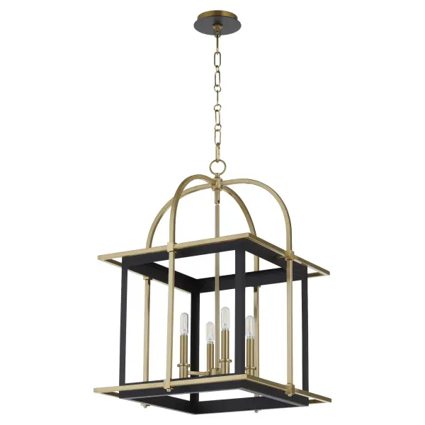 The Moritz lantern masterfully blends modern geometry with traditional elegance through clean angular lines and delicate curved arches. Its aged brass and matte black finish combination creates a luxurious statement piece perfect for entryways and dining spaces.