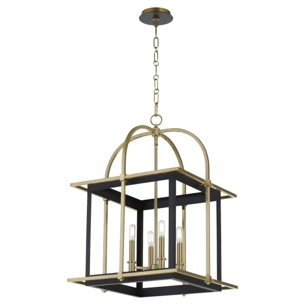 The Moritz lantern masterfully blends modern geometry with traditional elegance through clean angular lines and delicate curved arches. Its aged brass and matte black finish combination creates a luxurious statement piece perfect for entryways and dining spaces. - alternate view