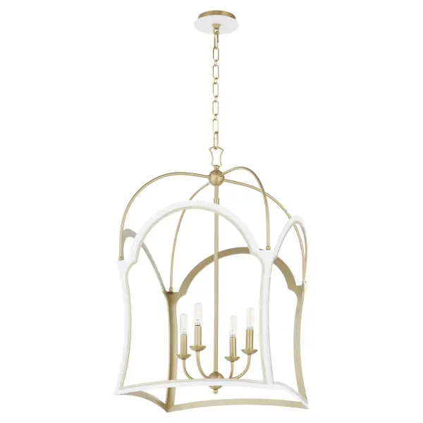 The Tiffany lantern combines aged brass and white finishes in a distinctive fluted frame design. Four exposed candelabra lights provide ample illumination while the airy, intricate structure adds sophistication without overwhelming the space.