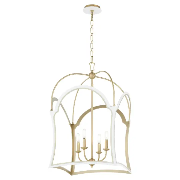The Tiffany lantern combines aged brass and white finishes in a distinctive fluted frame design. Four exposed candelabra lights provide ample illumination while the airy, intricate structure adds sophistication without overwhelming the space. - alternate view