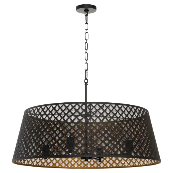 The Benedict pendant masterfully blends Art Deco motifs with contemporary design, featuring a striking matte black exterior and warm aged brass interior. Its 32-inch linear profile and 4-light configuration deliver both visual impact and functional illumination.