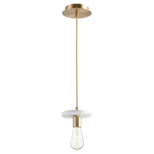 This compact marble pendant combines natural stone elegance with aged brass warmth, creating a sophisticated accent piece perfect for intimate spaces or grouped installations over kitchen islands. - alternate view