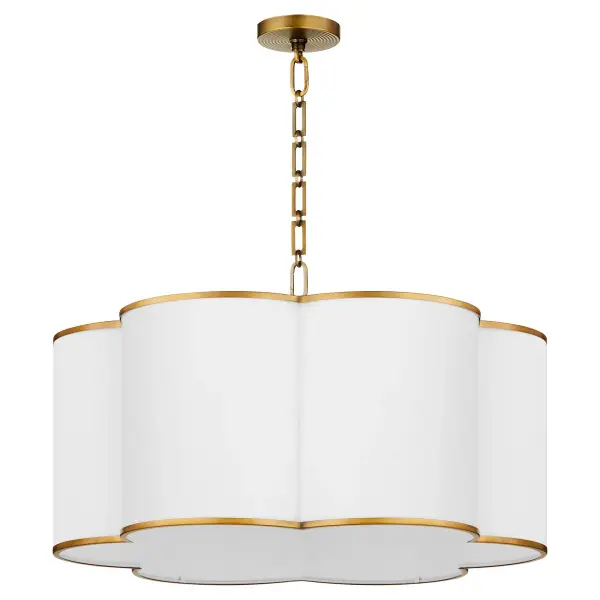 The Belinder pendant brings Tamara Day's signature relaxed luxury aesthetic to life with delicate ribbed detailing, white linen shades, and floral-inspired design. The brushed brass finish and decorative clover finial add sophisticated touches.