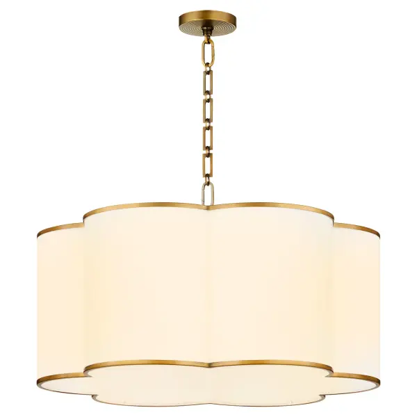 The Belinder pendant brings Tamara Day's signature relaxed luxury aesthetic to life with delicate ribbed detailing, white linen shades, and floral-inspired design. The brushed brass finish and decorative clover finial add sophisticated touches. - alternate view