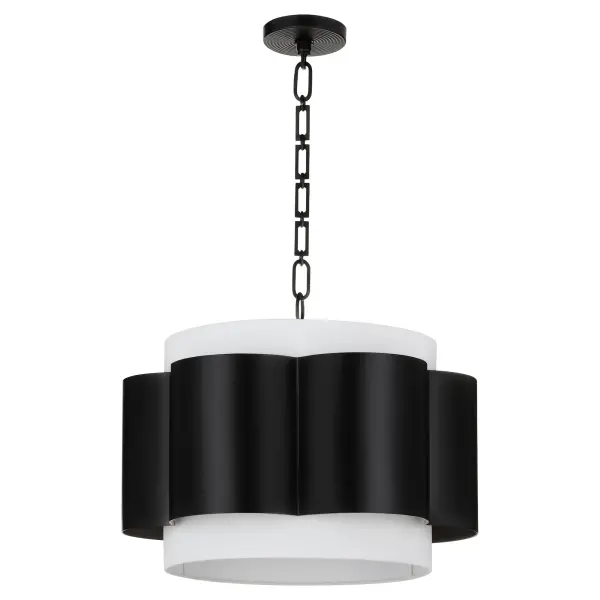 The Belinder 4-light pendant combines delicate ribbed detailing with white linen drum shades and a distinctive floral-inspired collar. The rectangle link chain adds an extra layer of refinement to this transitional design.