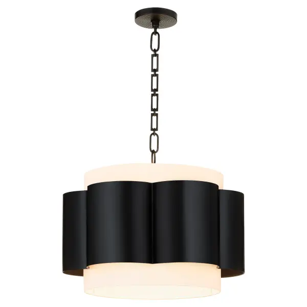 The Belinder 4-light pendant combines delicate ribbed detailing with white linen drum shades and a distinctive floral-inspired collar. The rectangle link chain adds an extra layer of refinement to this transitional design. - alternate view