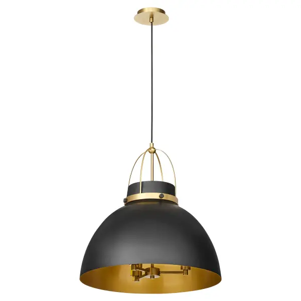 The Pruitt pendant masterfully blends industrial design with mid-century sophistication through its distinctive bell shades and two-tone finish. The matte black and aged brass combination creates visual interest while maintaining versatility across traditional and contemporary interiors.
