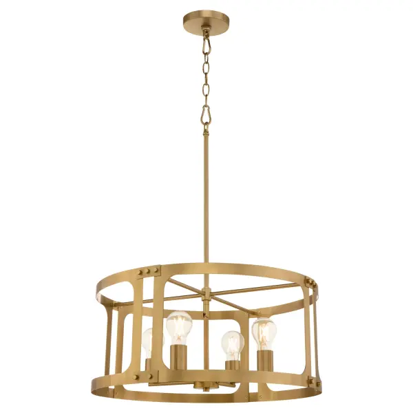 The Colburn pendant combines crisp geometric lines with industrial heritage, creating a striking focal point. Its brushed brass finish adds warmth while the open frame design maximizes light distribution. Versatile for both indoor and covered outdoor use. - alternate view