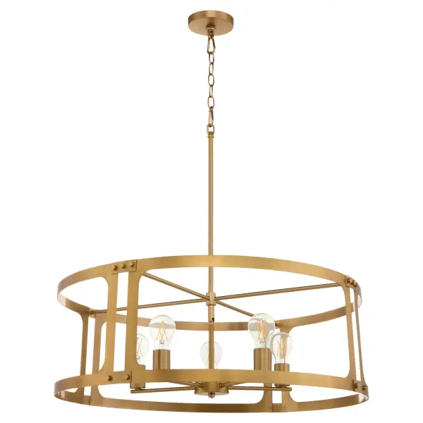 The Colburn pendant brings industrial heritage into contemporary spaces with its crisp geometric framework and strategic use of negative space. The brushed brass finish adds warmth while maintaining the fixture's bold, architectural presence.
