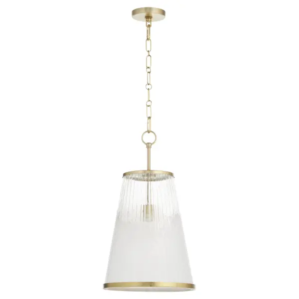 The Providence 13" pendant combines clean geometric lines with a warm aged brass finish and milky white glass shade. Its compact size and transitional design make it ideal for kitchen islands, bathrooms, and hallways.