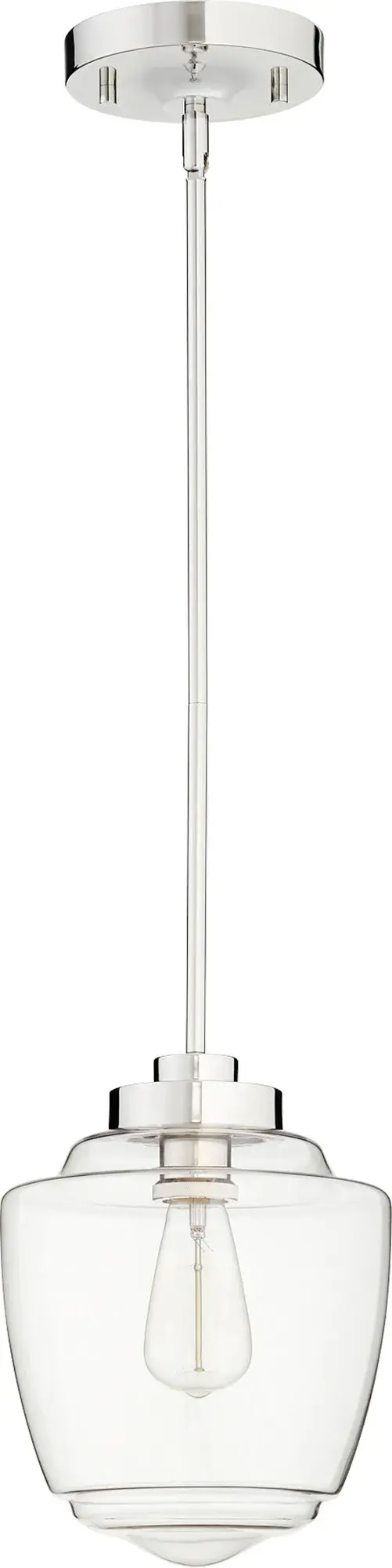This 9-inch clear acorn pendant combines traditional charm with versatile styling. The polished nickel finish and clear glass shade create a bright, airy look perfect for kitchens and smaller spaces.