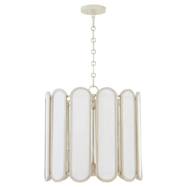 The Belleview pendant from Tamara Day's collection combines rustic washed oak framing with sophisticated Tiffany glass panels. The signature clover finial and rectangle link chain add designer details perfect for farmhouse and transitional spaces.