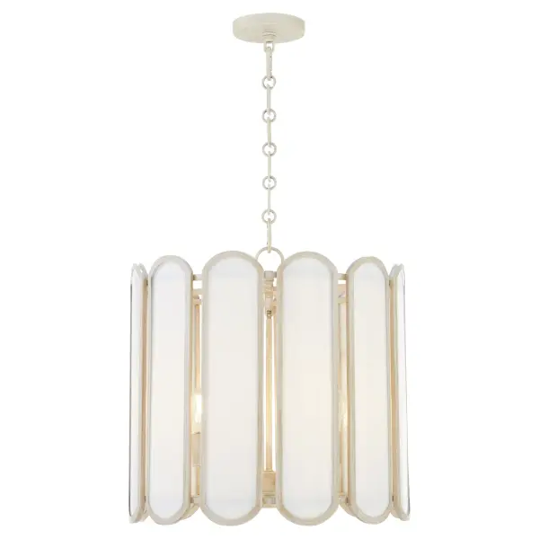 The Belleview pendant from Tamara Day's collection combines rustic washed oak framing with sophisticated Tiffany glass panels. The signature clover finial and rectangle link chain add designer details perfect for farmhouse and transitional spaces. - alternate view