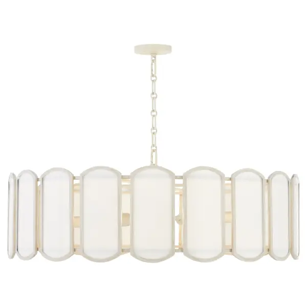 The Belleview 8-light pendant from Tamara Day's collection combines farmhouse warmth with artisanal sophistication. Rectangular Tiffany glass panels framed in washed oak create dramatic visual impact, while the signature clover finial adds designer detail. - alternate view