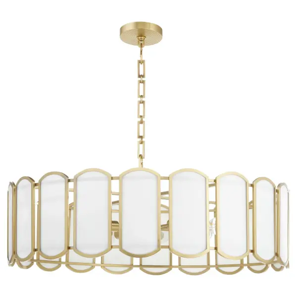 The Belleview 8-light pendant from Tamara Day's collection combines traditional Tiffany glass craftsmanship with transitional styling. Rectangular glass panels framed in aged brass create sophisticated ambiance, while the signature clover finial adds designer detail.