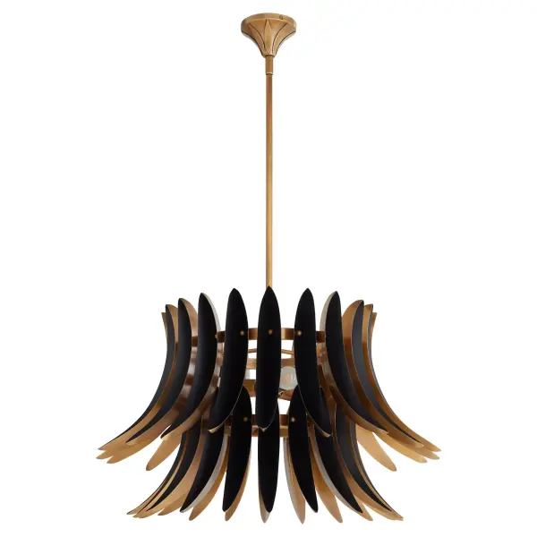 The Aldridge combines striking contrasts with sculptural design. Its double-tiered circular form features brushed brass interiors that amplify light against a matte black exterior, creating both visual drama and warm ambiance.