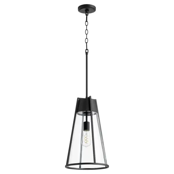 This sleek single-light pendant combines noir finish with clear glass for a sophisticated look. The conical shade design works beautifully in transitional, industrial-modern, and farmhouse settings. Ideal for multiples over islands or clustered in foyers.