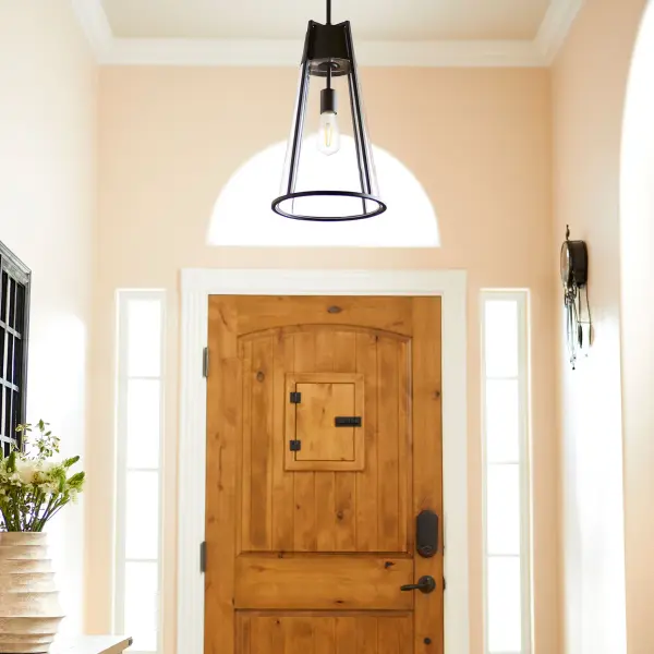 This sleek single-light pendant combines noir finish with clear glass for a sophisticated look. The conical shade design works beautifully in transitional, industrial-modern, and farmhouse settings. Ideal for multiples over islands or clustered in foyers. - alternate view