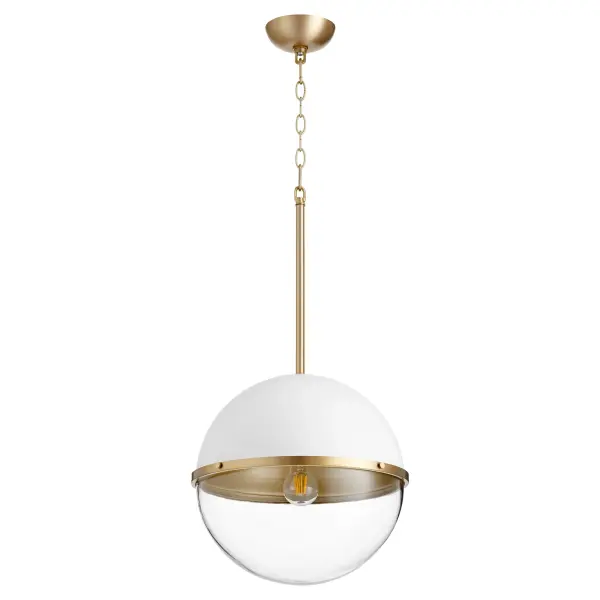 This eclectic pendant combines vintage-inspired details with contemporary design. The distinctive two-tone dome features an opaque white cap and clear base, divided by a decorative capture ring in Aged Brass.