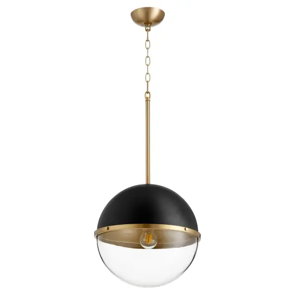 This eclectic pendant combines black and aged brass finishes with a distinctive dome-shaped globe design. Perfect for modern farmhouse kitchens or transitional spaces, it features decorative knobs and vintage-inspired details.