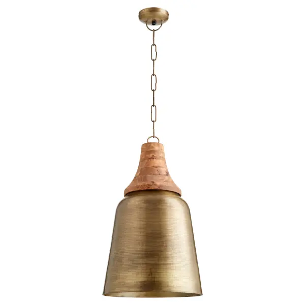 This artisan brass pendant blends modern farmhouse warmth with industrial appeal. The bell-shaped brass shade paired with decorative wood fittings creates nostalgic character perfect for rural-inspired spaces.