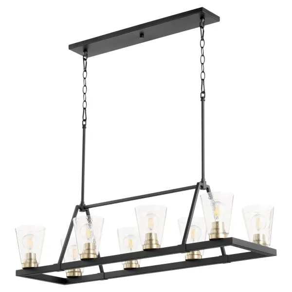 The Paxton combines rustic charm with contemporary geometry in a stunning linear design. Eight exposed bulbs with seeded glass shades create warm ambiance, while the two-tone Noir and Aged Brass finish adds sophisticated contrast.