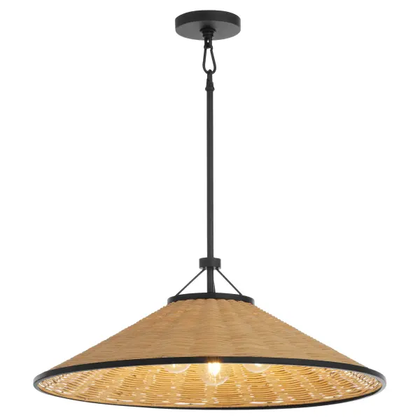 The Cona pendant brings organic warmth through tightly woven wicker in a streamlined conical silhouette. Three-light design provides abundant illumination while matte black hardware adds contemporary contrast to natural materials. - alternate view