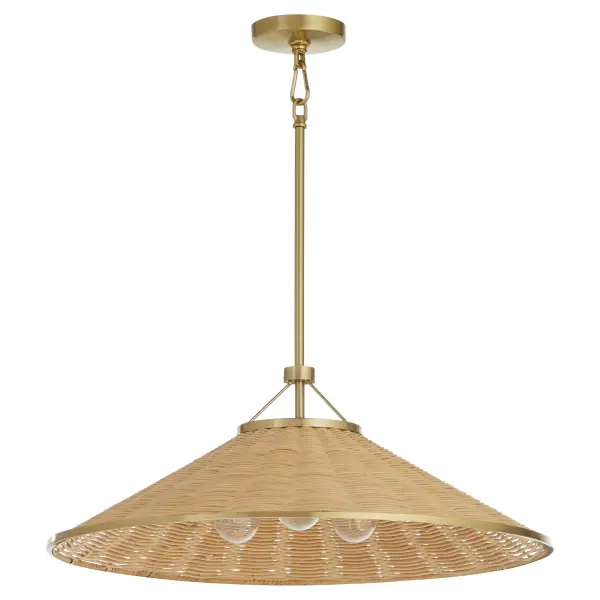 The Cona pendant brings organic warmth to contemporary spaces with its tightly woven wicker shade and aged brass accents. Three medium base sockets provide abundant illumination while the natural material creates beautiful ambient light patterns.