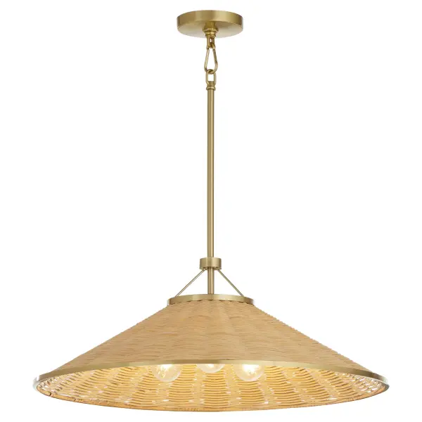 The Cona pendant brings organic warmth to contemporary spaces with its tightly woven wicker shade and aged brass accents. Three medium base sockets provide abundant illumination while the natural material creates beautiful ambient light patterns. - alternate view