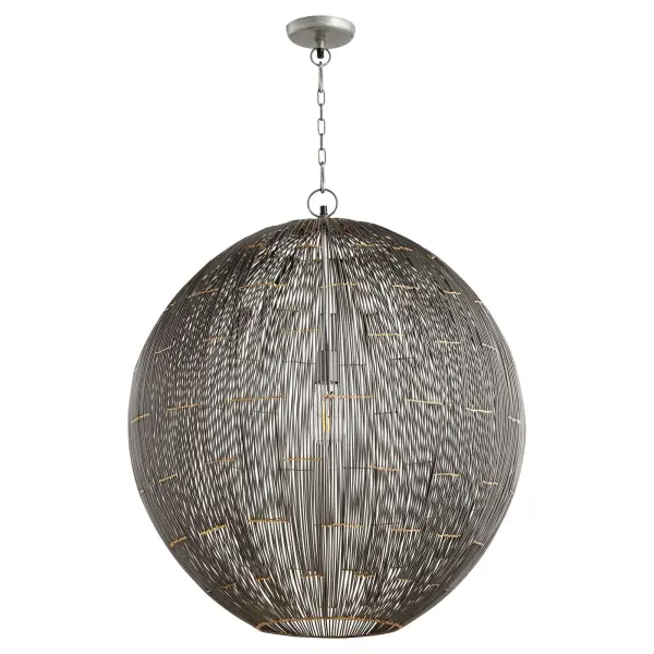 This 26-inch wire sphere pendant delivers striking industrial style with its open metal cage design in charcoal finish. The generous size and artful construction create beautiful light patterns while making a strong design statement.