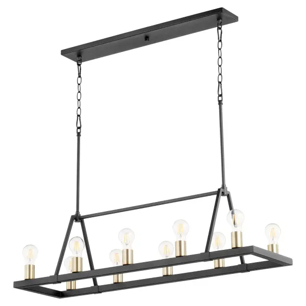 The Paxton combines rustic charm with contemporary geometry in a stunning 10-light linear design. Its two-tone Noir and Aged Brass finish creates visual interest while exposed bulbs add industrial appeal. Damp-rated for versatility.
