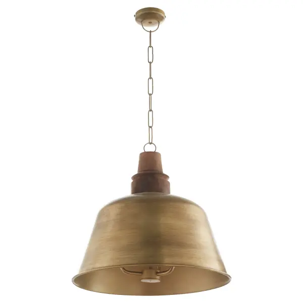 This artisan brass pendant beautifully blends industrial appeal with modern farmhouse warmth. The bell-shaped design features distinctive wood details that add organic texture, while the brass finish provides timeless elegance. - alternate view