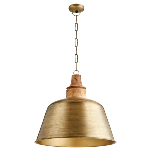 This artisan-crafted pendant combines industrial brass with warm wood accents in a classic bell shape. Perfect for modern farmhouse and rustic industrial spaces, it delivers authentic handcrafted character.