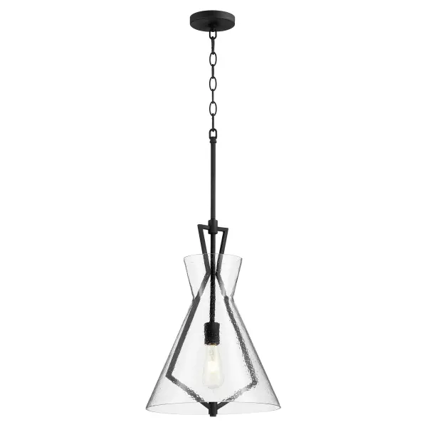 This modern pendant features distinctive stone-seeded glass in a classic cone shape with a sleek black Noir finish. The adjustable dual chain and stem system provides flexible installation height, making it ideal for various ceiling configurations. - alternate view