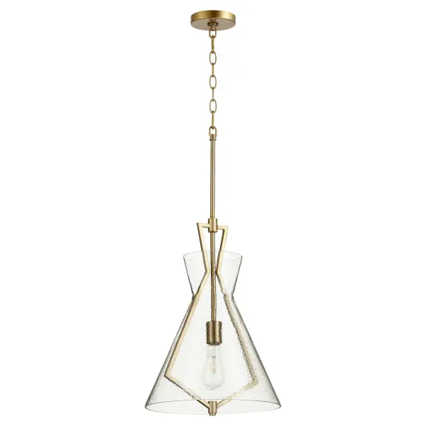 This single-light pendant combines blown stone-seeded glass with an aged brass finish for contemporary-chic appeal. The cone shade creates focused downlight while the textured glass adds visual interest. Adjustable hanging system offers installation flexibility.